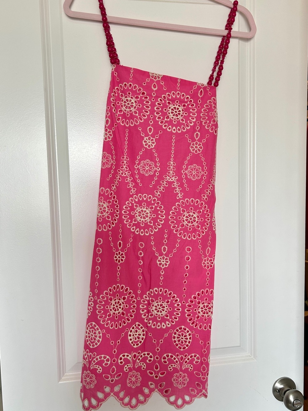 Pink Embroidered Summer Dress with Beaded Straps